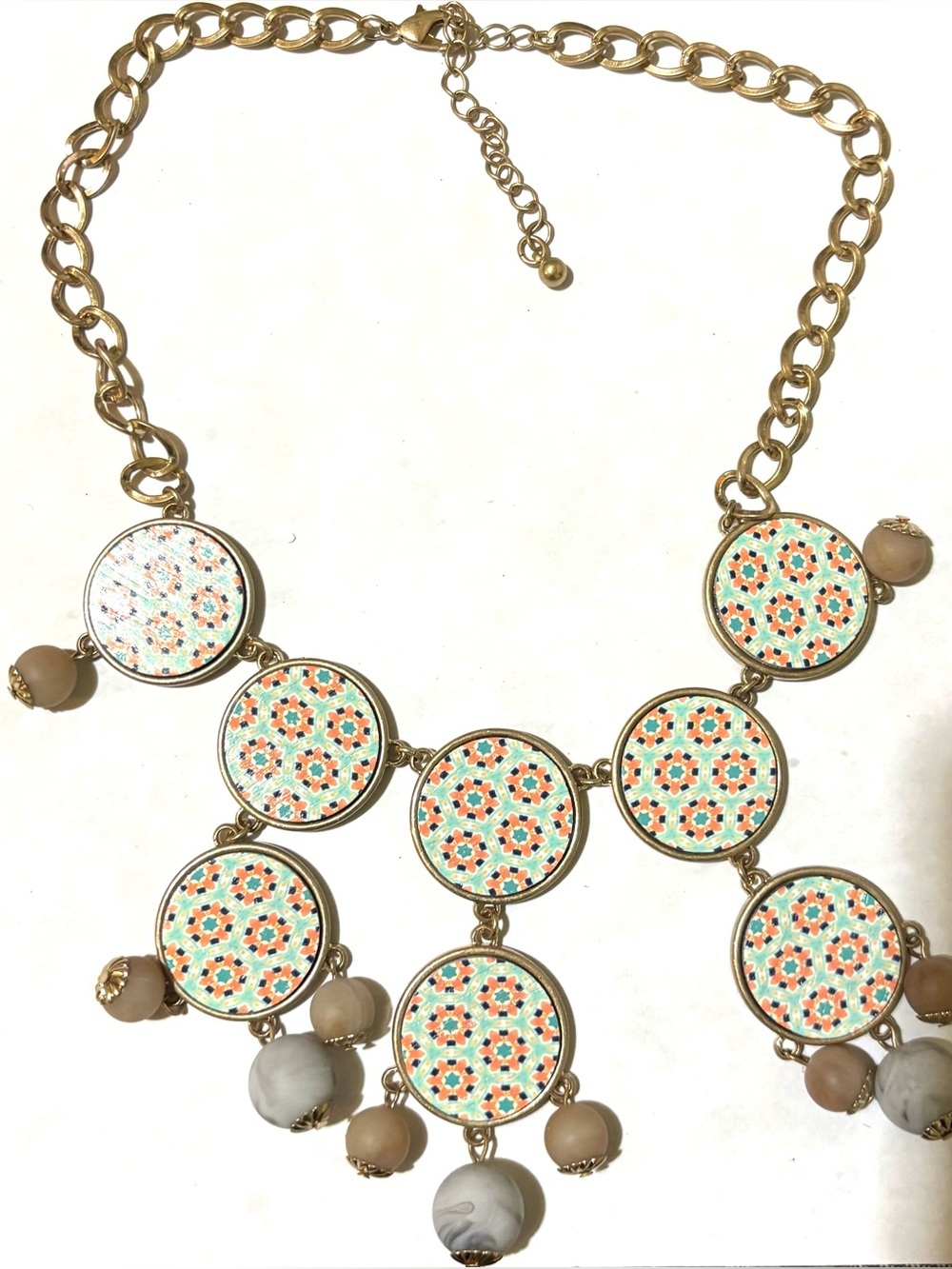 Gold-Tone wood Mosaic Disc Necklace in Peach & Aqua
